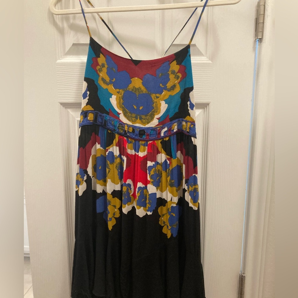 Free People Colorful Print Strappy Dress Open Black and Multicolor size XS/ S